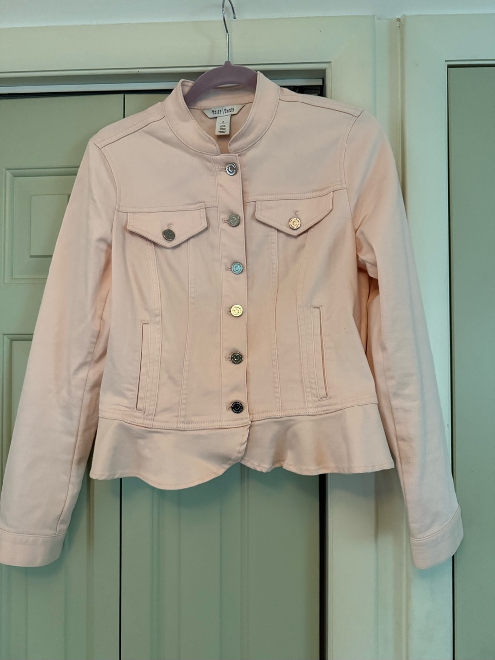 White House Black Market Women's Light Pink Peplum Jean Jacket